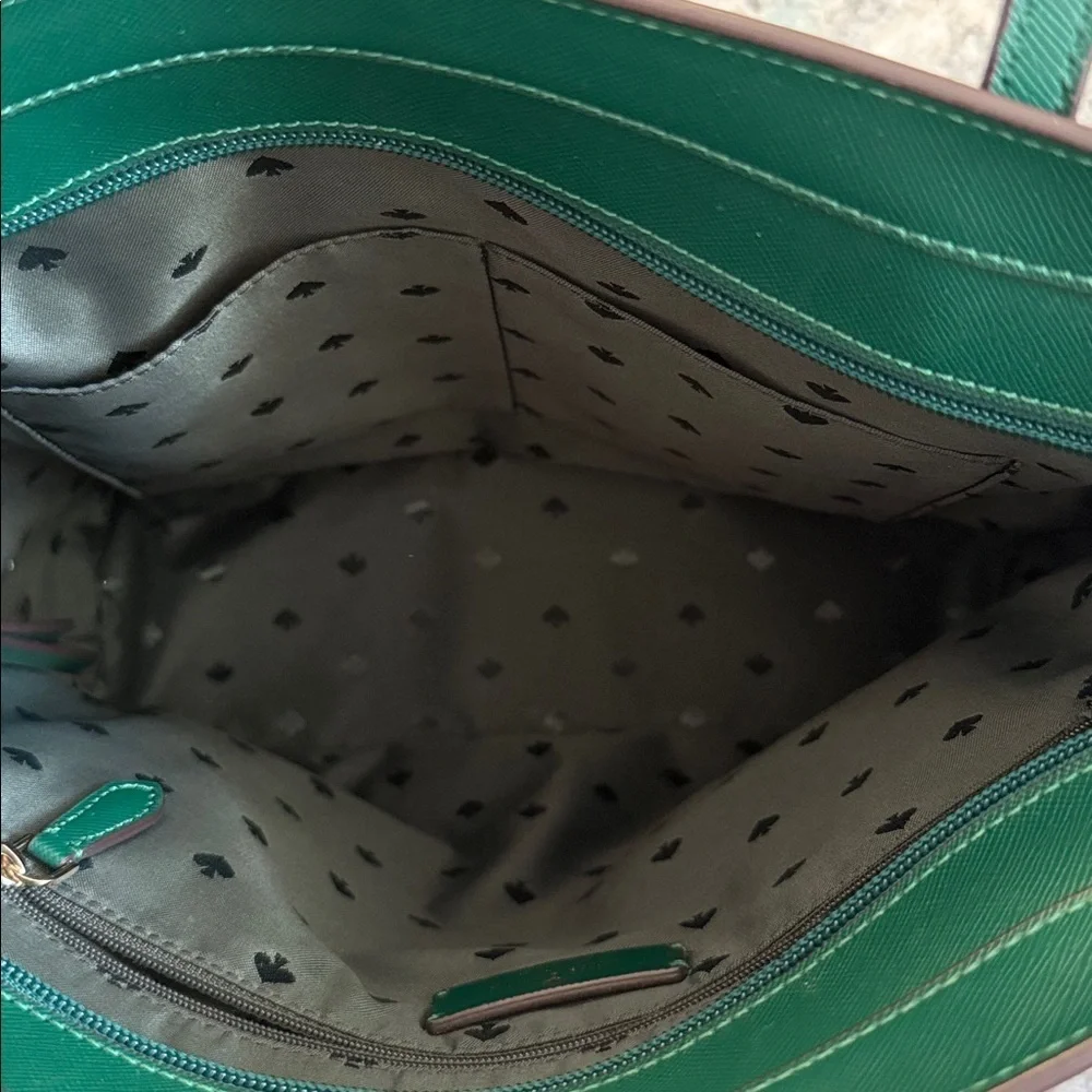 Kate Spade Brynn leather tote bag in the deep jade color with bow charm